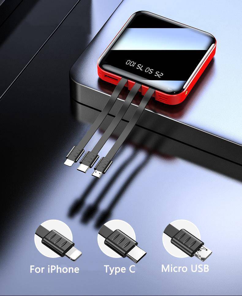 20000mAh Mini Mirror Built In Cables Fast Charging Power Bank