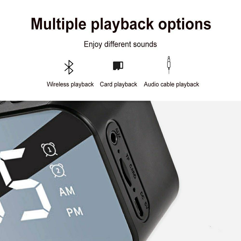 All in One Bluetooth 5.0 Mirror Digital Clock Speaker With Temp Display/Radio/AUX/MemCard and Built in Mic Function